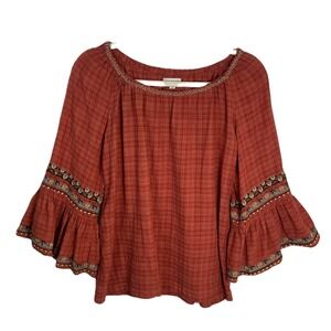 Max Studio Womens Blouse Rust Plaid‎ 3/4 Bell Sleeve Embroidered Boho Top
